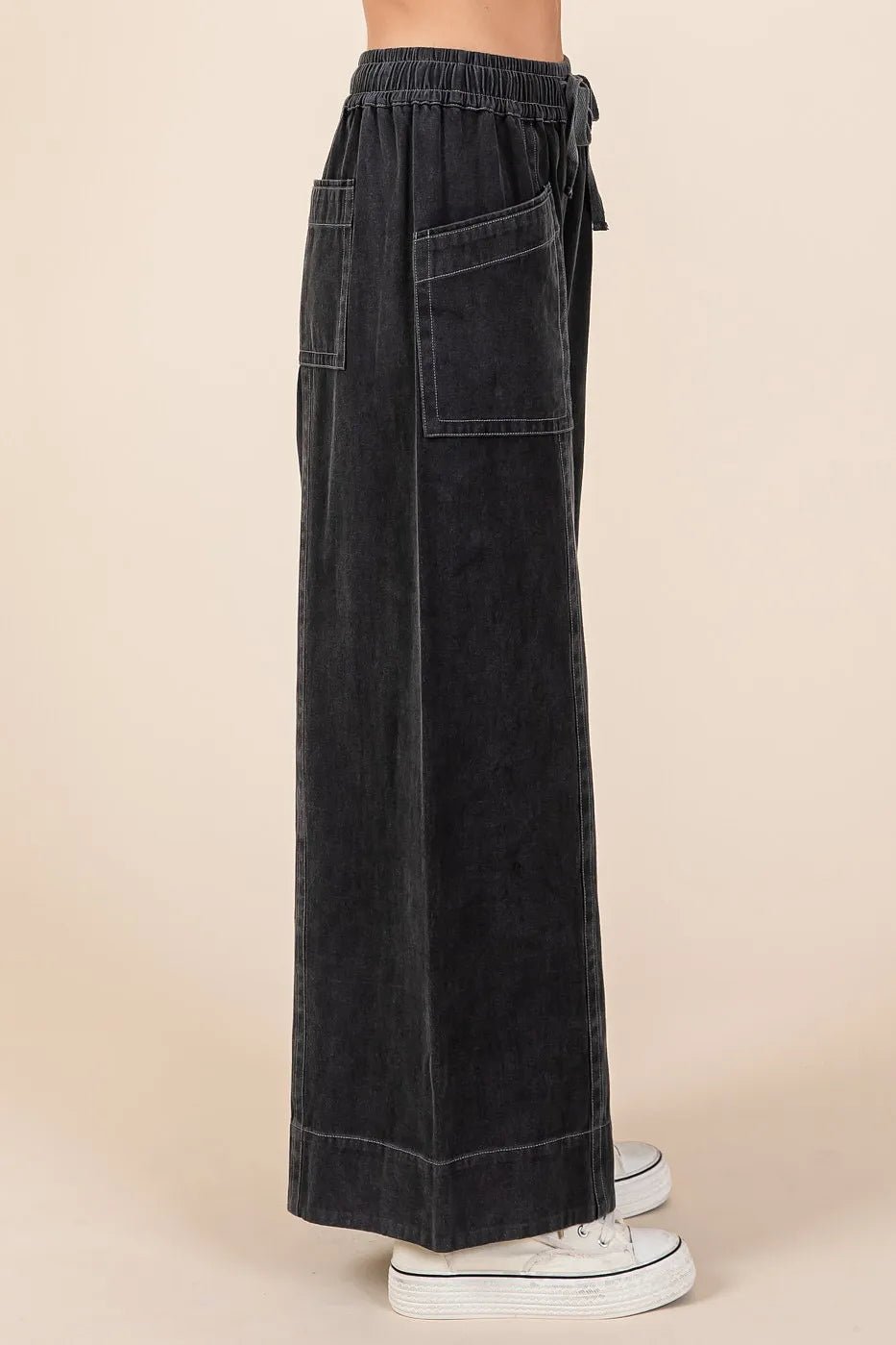Mittoshop - Washed Wide Leg Drawstring Pants in Charcoal Black