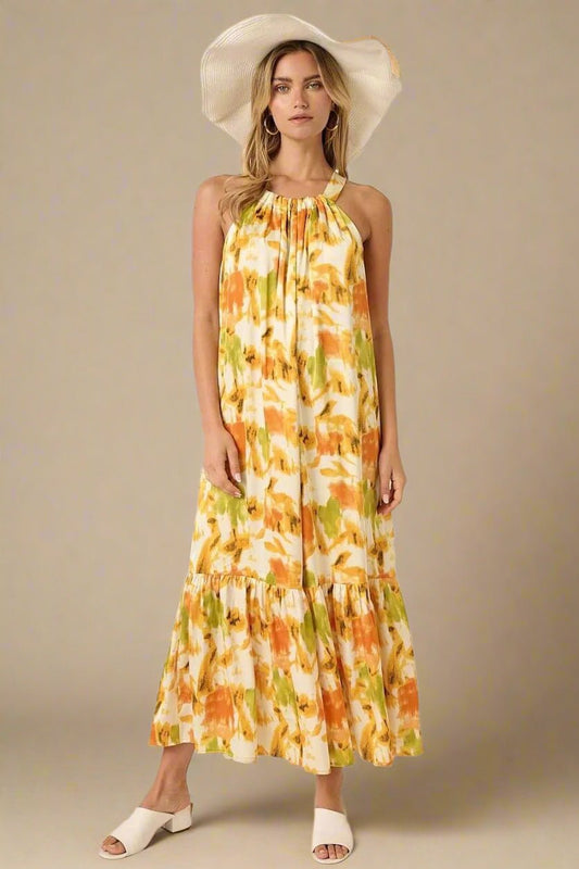 Mittoshop - Watercolor Floral Halter Maxi Dress in Yellow & Orange