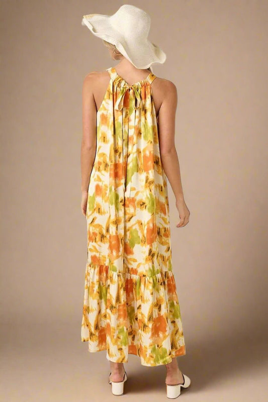 Mittoshop - Watercolor Floral Halter Maxi Dress in Yellow & Orange