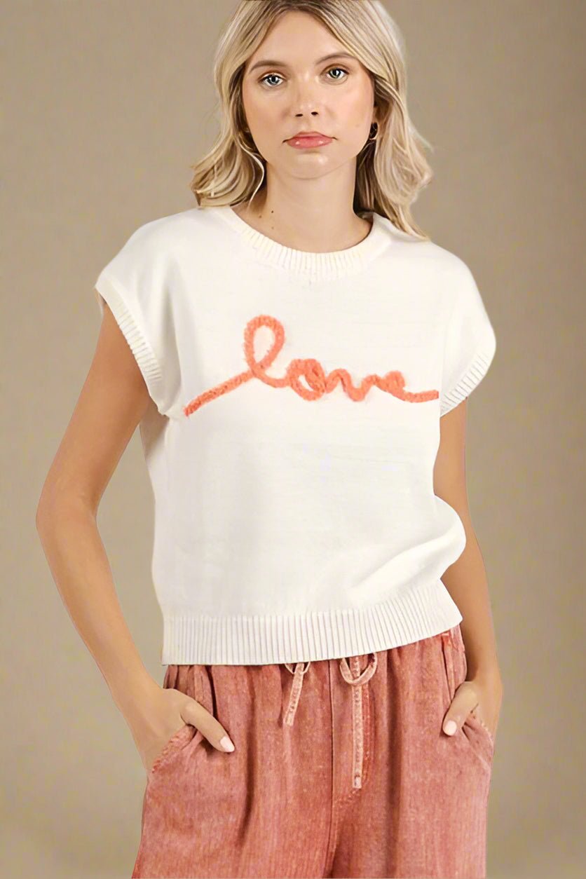Mittoshop - White LOVE Cap Sleeve Knit Top
