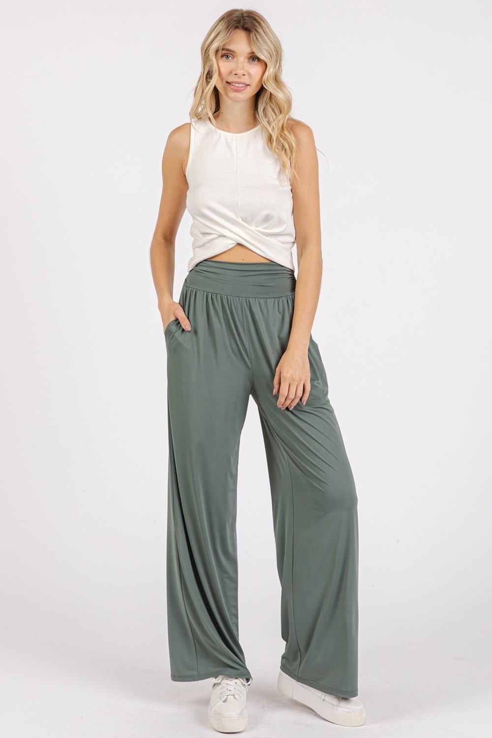 Mittoshop - Wide Leg Athleisure Pants in Army Green