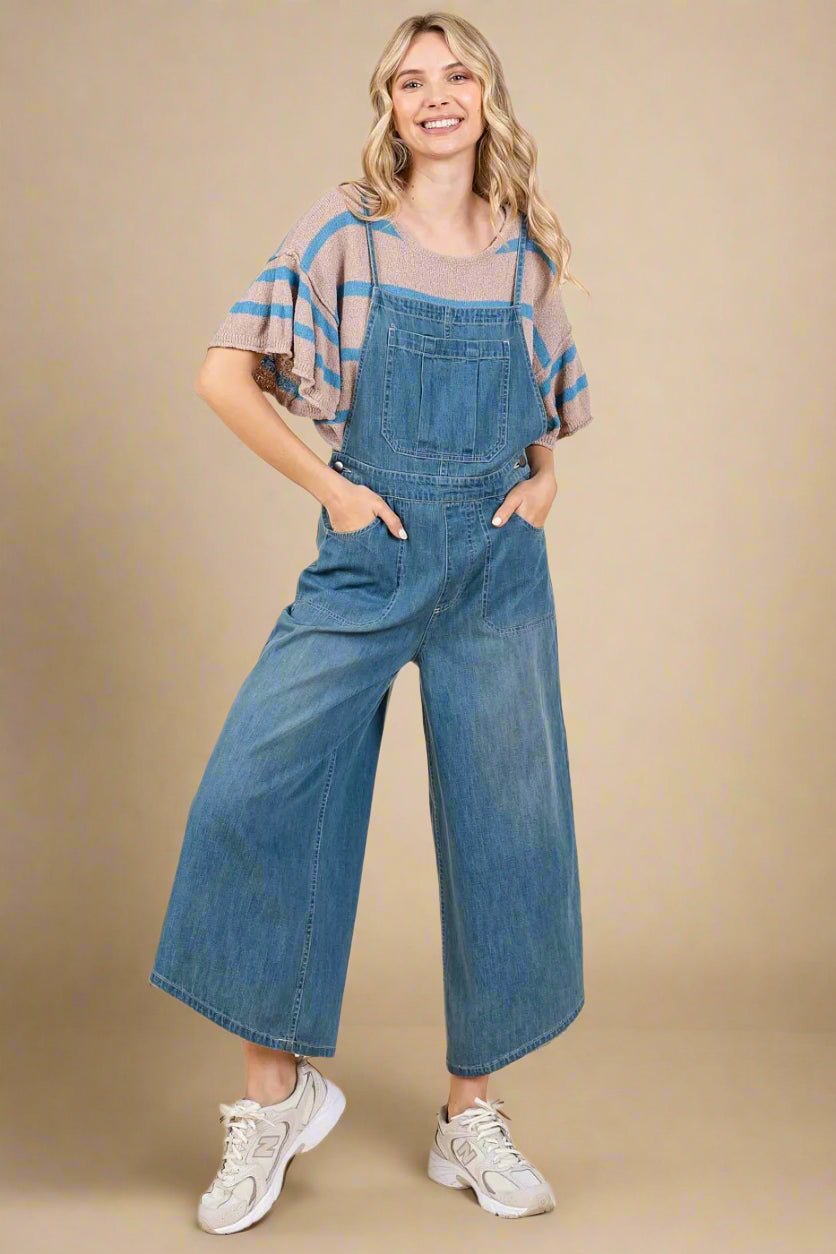 Mittoshop - Wide Leg Denim Overalls in Medium Wash