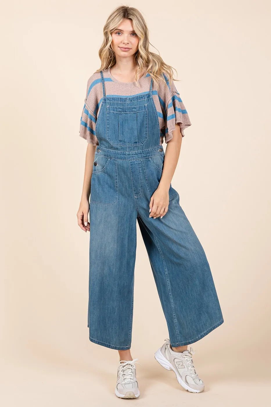 Mittoshop - Wide Leg Denim Overalls in Medium Wash
