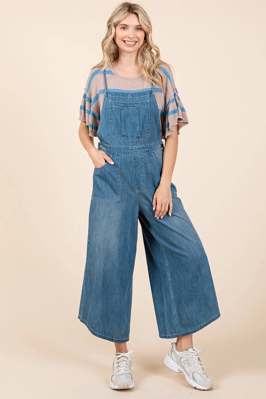 Mittoshop - Wide Leg Denim Overalls in Medium Wash