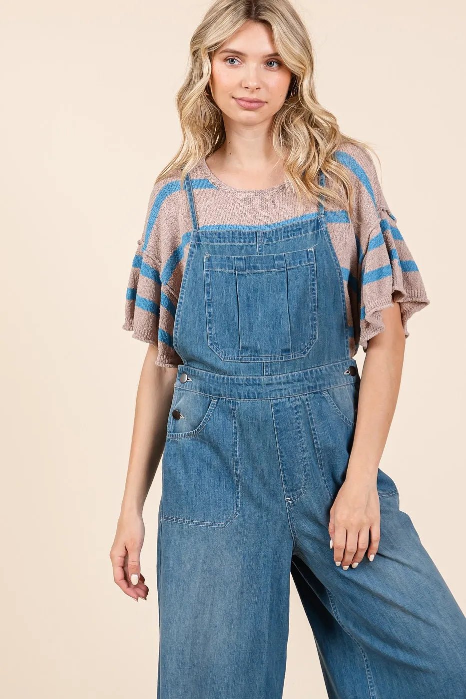 Mittoshop - Wide Leg Denim Overalls in Medium Wash