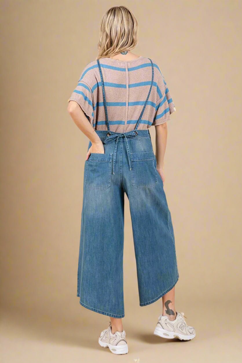 Mittoshop - Wide Leg Denim Overalls in Medium Wash