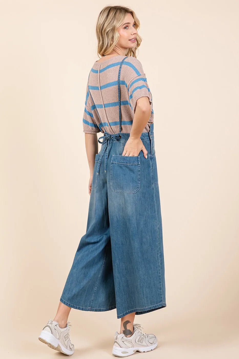 Mittoshop - Wide Leg Denim Overalls in Medium Wash