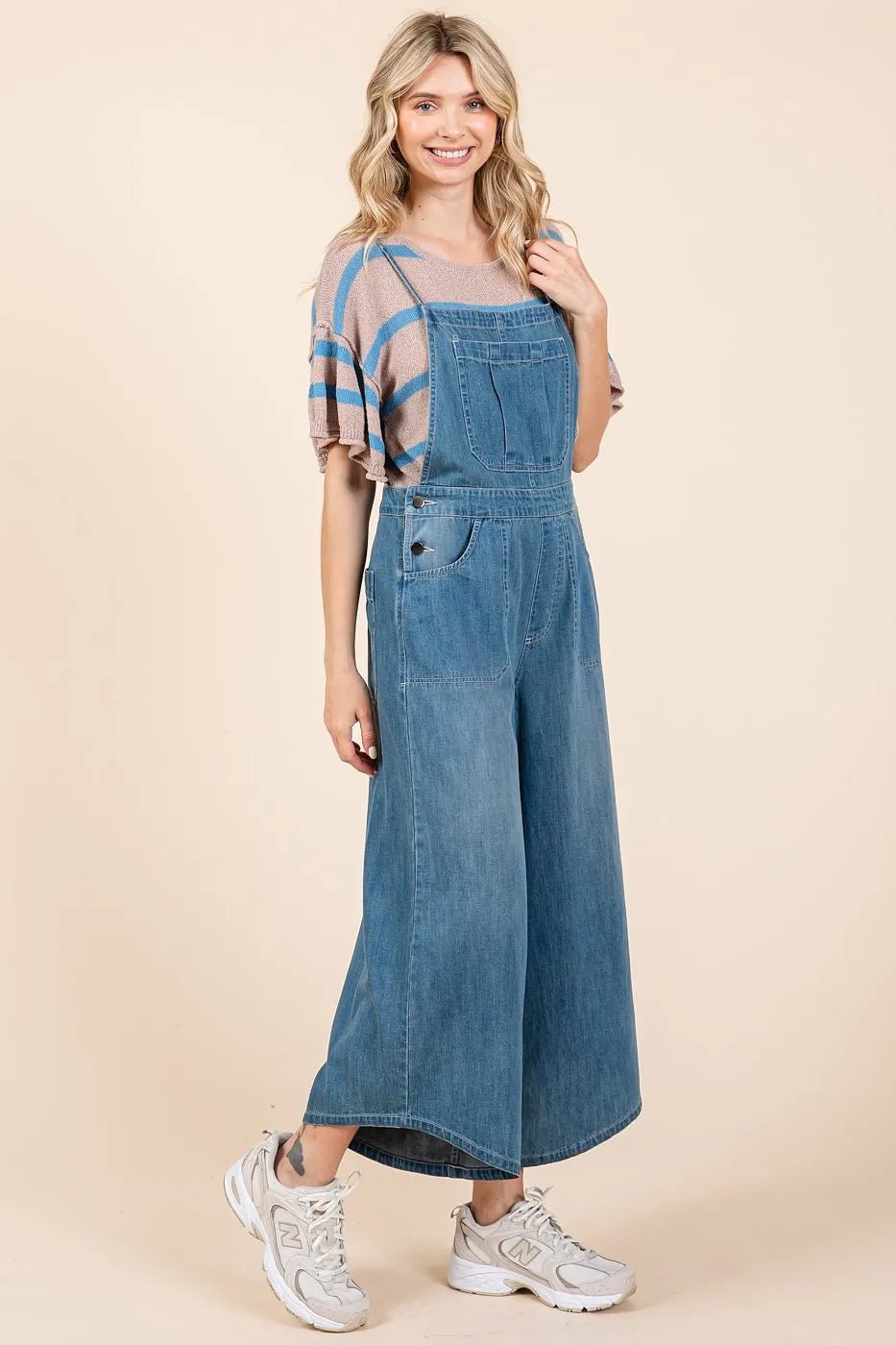 Mittoshop - Wide Leg Denim Overalls in Medium Wash