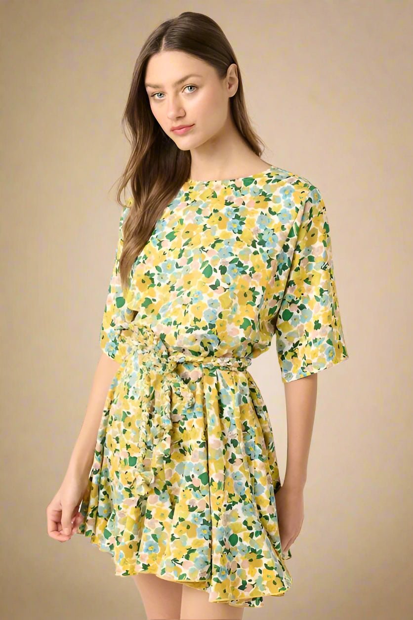 Mittoshop - Yellow Floral Tie Waist Half Sleeve Mini Dress