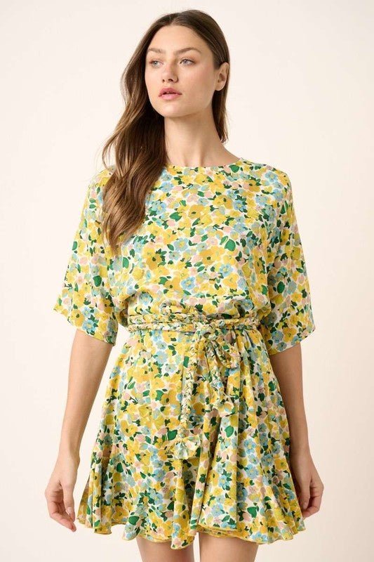 Mittoshop - Yellow Floral Tie Waist Half Sleeve Mini Dress
