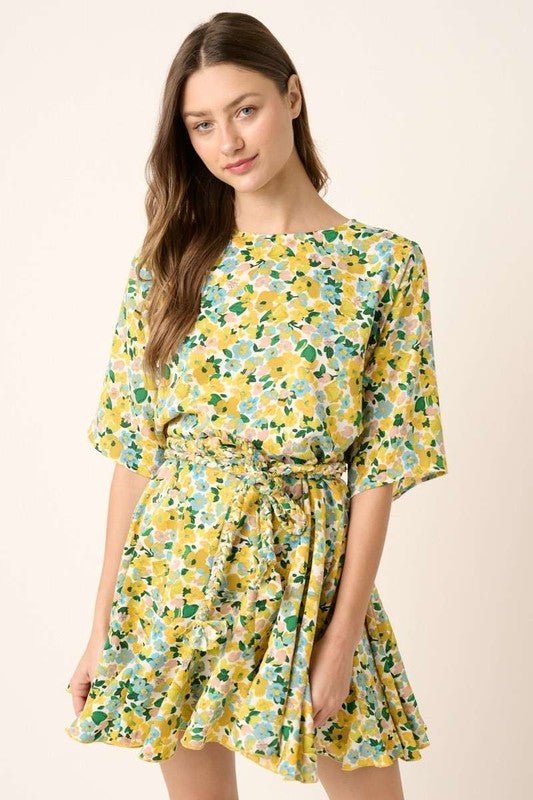 Mittoshop - Yellow Floral Tie Waist Half Sleeve Mini Dress