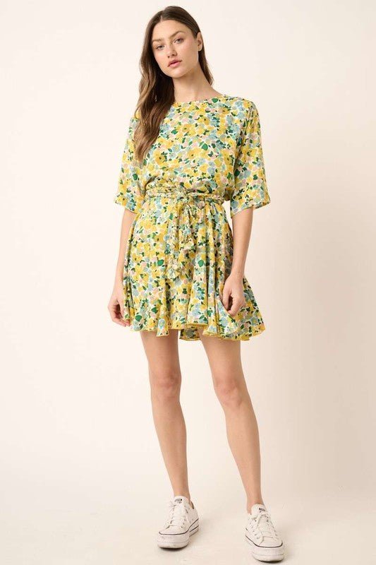 Mittoshop - Yellow Floral Tie Waist Half Sleeve Mini Dress