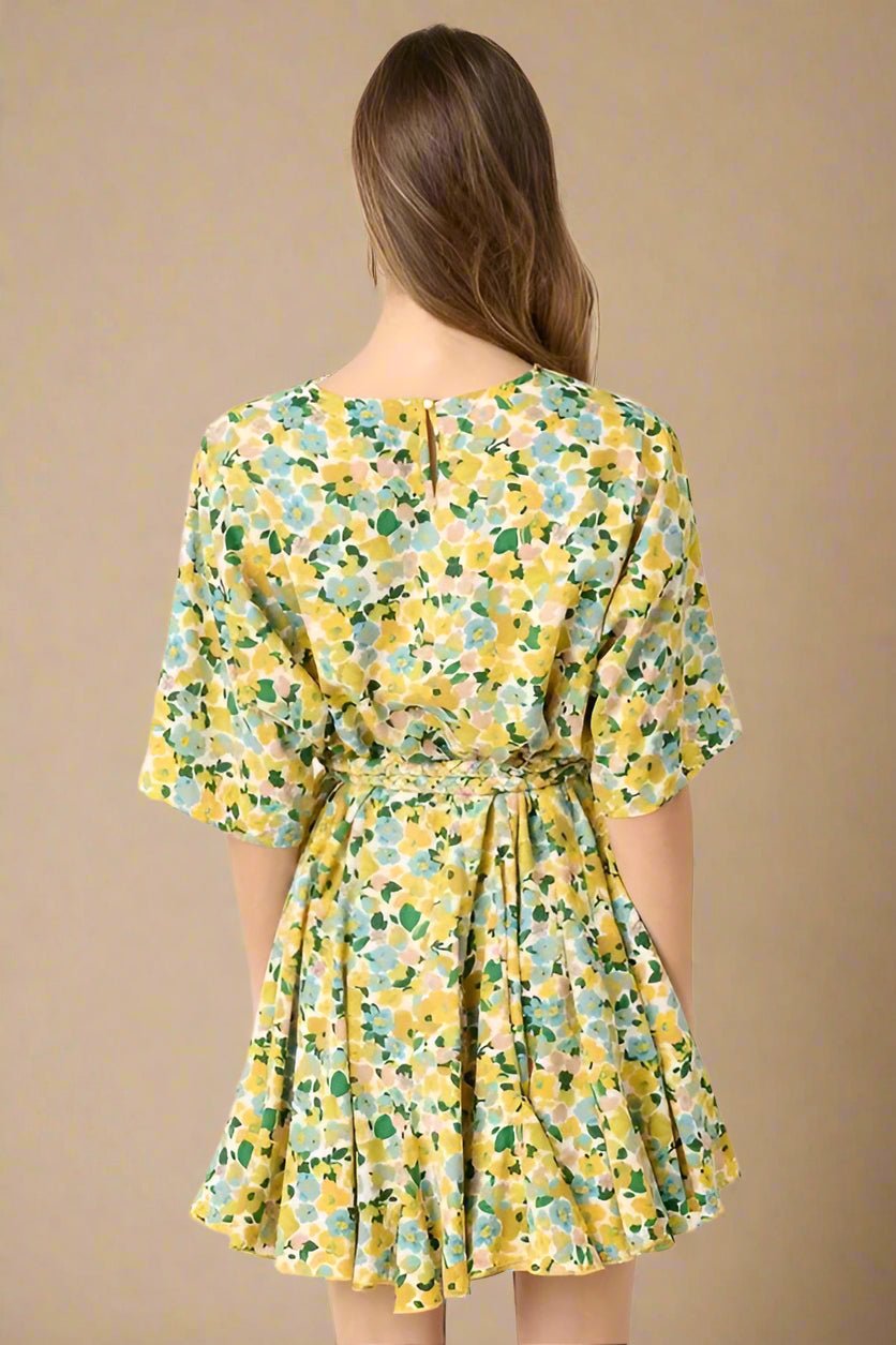 Mittoshop - Yellow Floral Tie Waist Half Sleeve Mini Dress