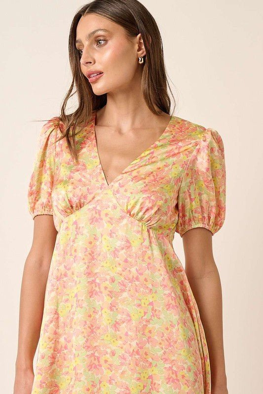 Mittoshop - Yellow Printed Puff Sleeve Satin Mini Dress