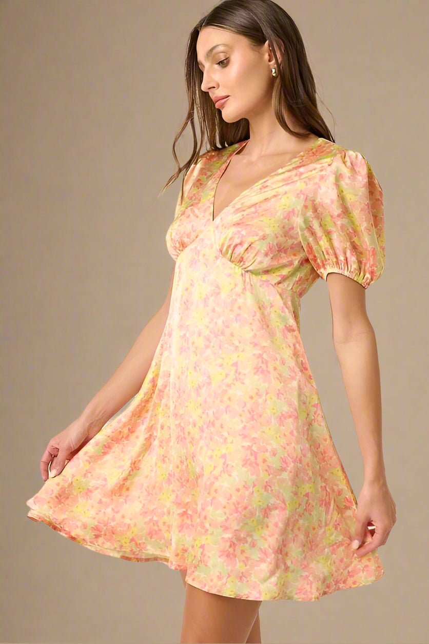 Mittoshop - Yellow Printed Puff Sleeve Satin Mini Dress