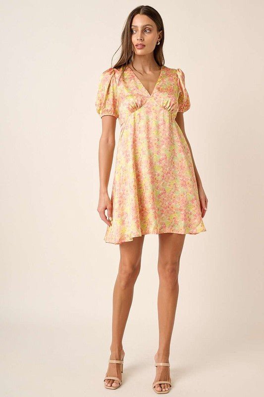 Mittoshop - Yellow Printed Puff Sleeve Satin Mini Dress
