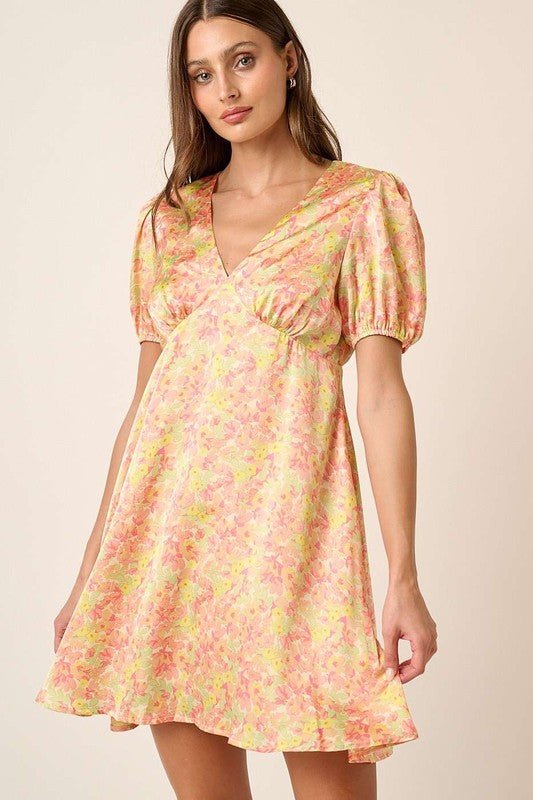 Mittoshop - Yellow Printed Puff Sleeve Satin Mini Dress