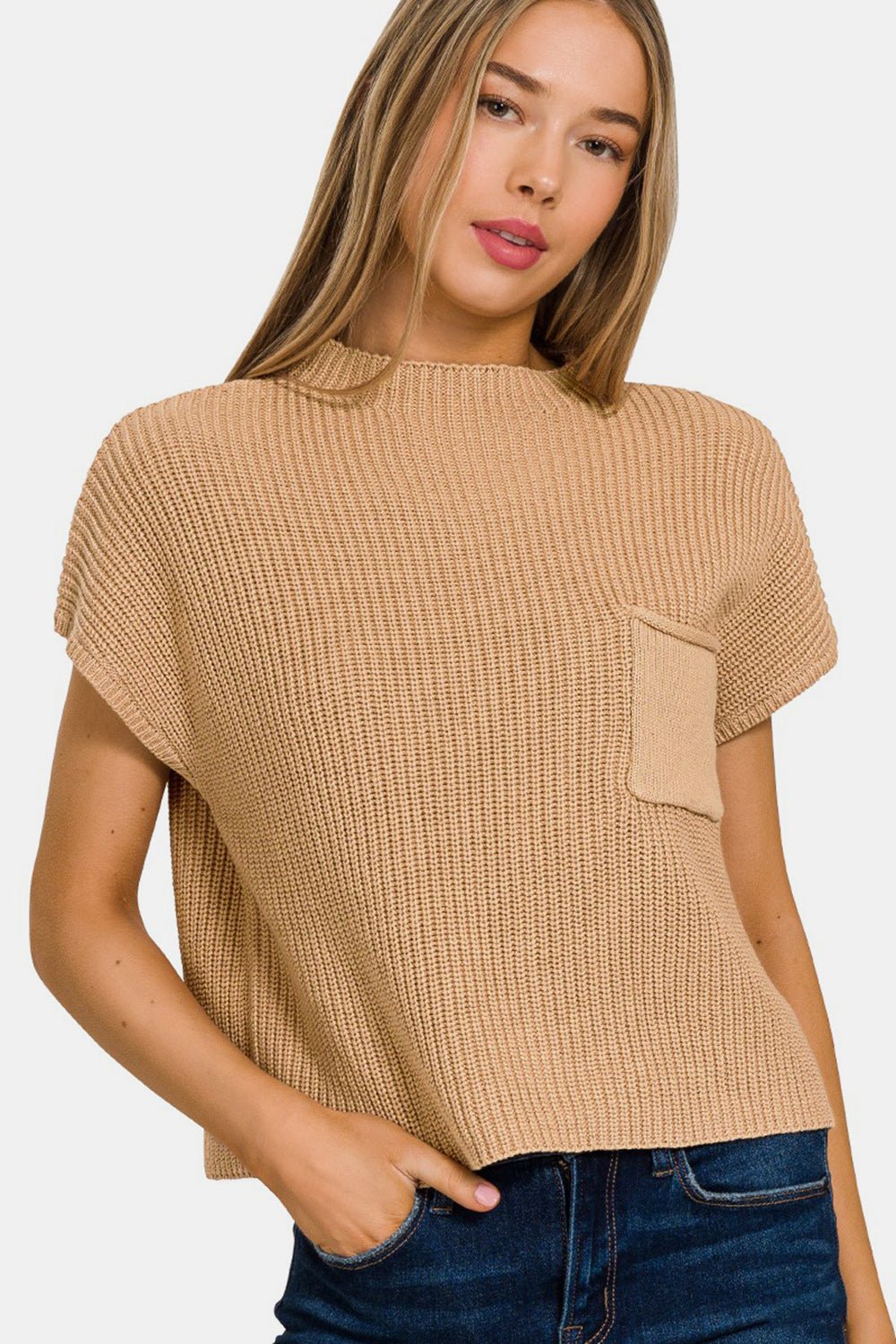 Mock Neck Short Sleeve Cropped Sweater in BrushSweaterZenana