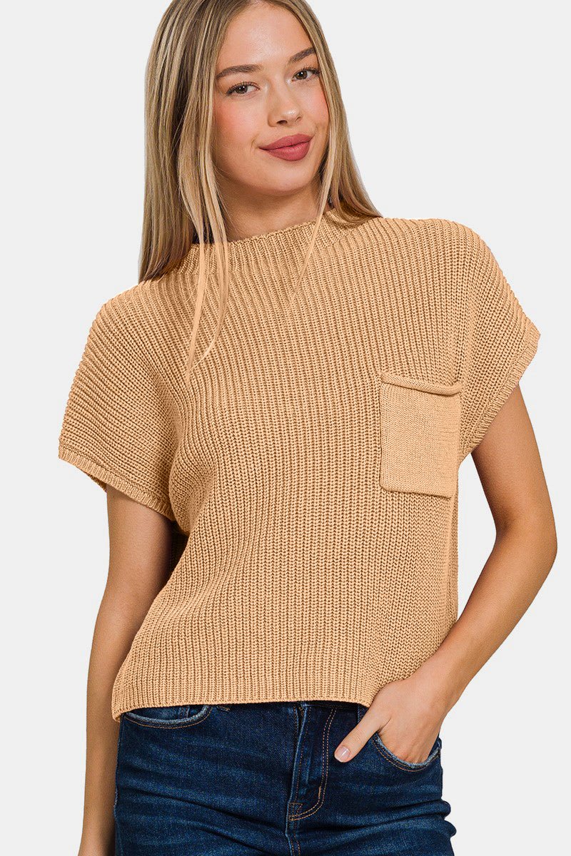 Mock Neck Short Sleeve Cropped Sweater in BrushSweaterZenana