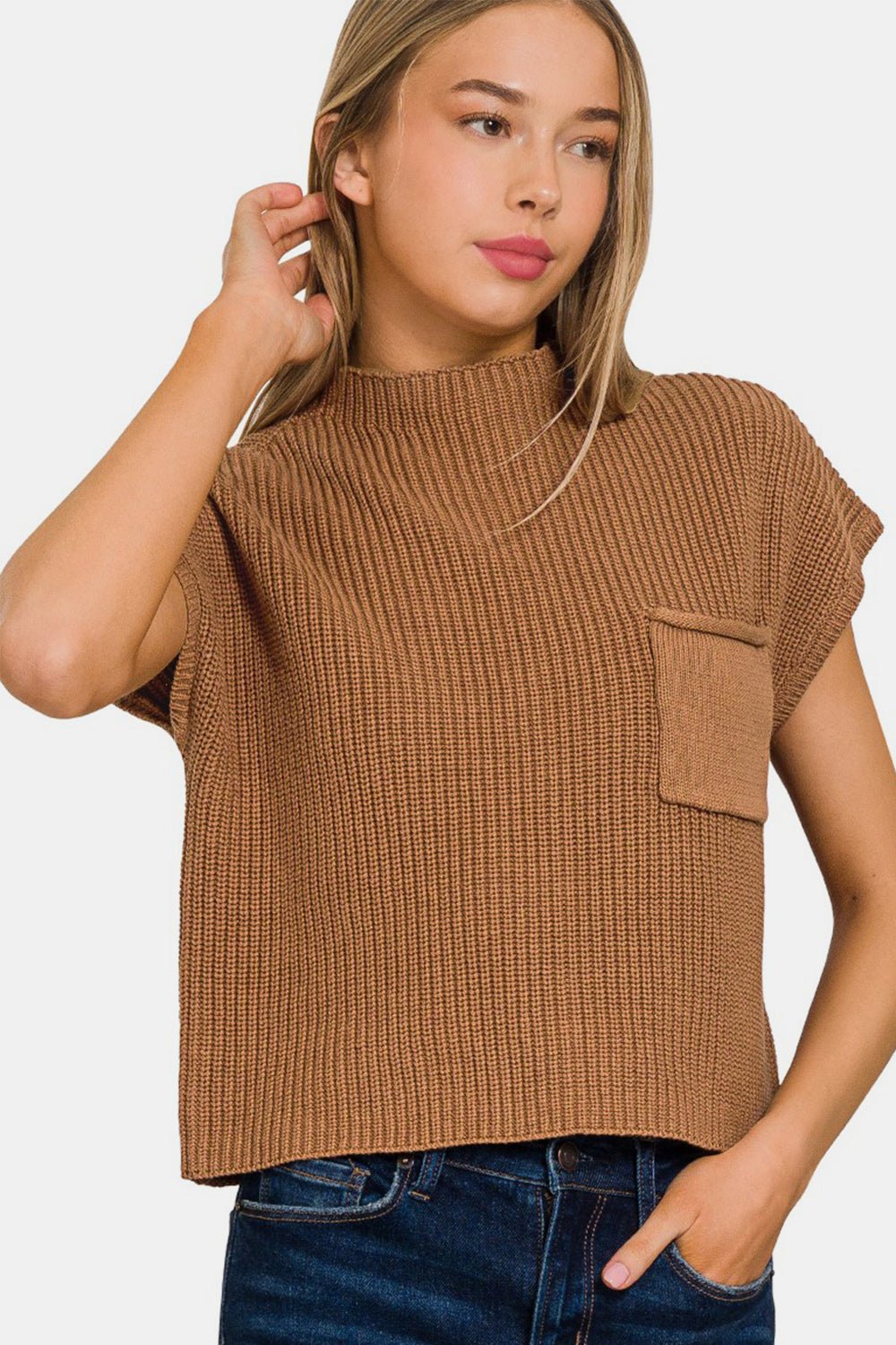 Mock Neck Short Sleeve Cropped Sweater in Deep CamelSweaterZenana