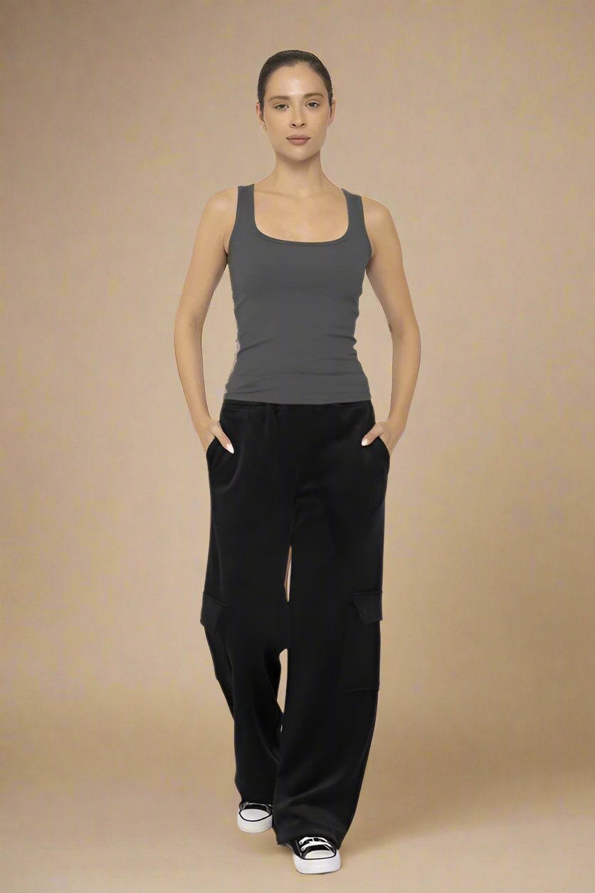 Mono B - Black Elastic Waist Corduroy Cargo Pants