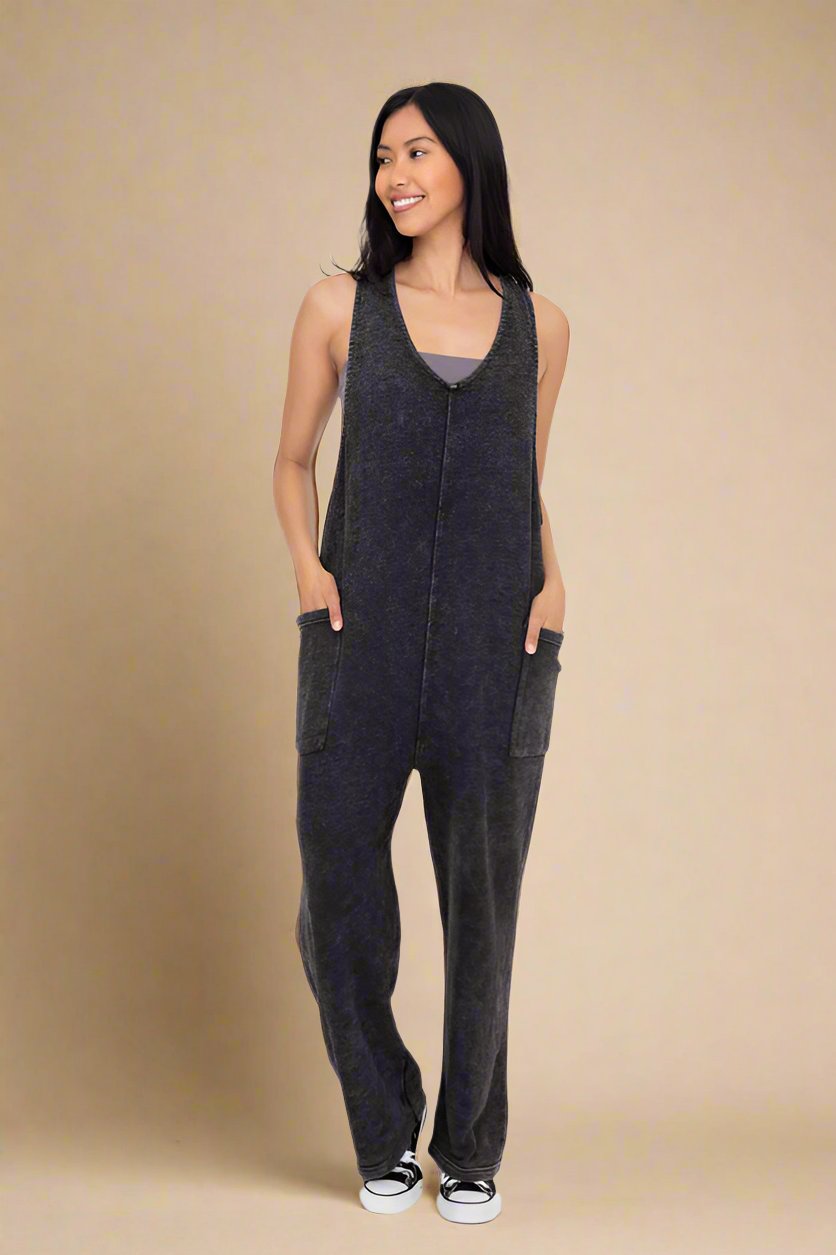 Mono B - Black Mineral Wash V - Neck Overalls