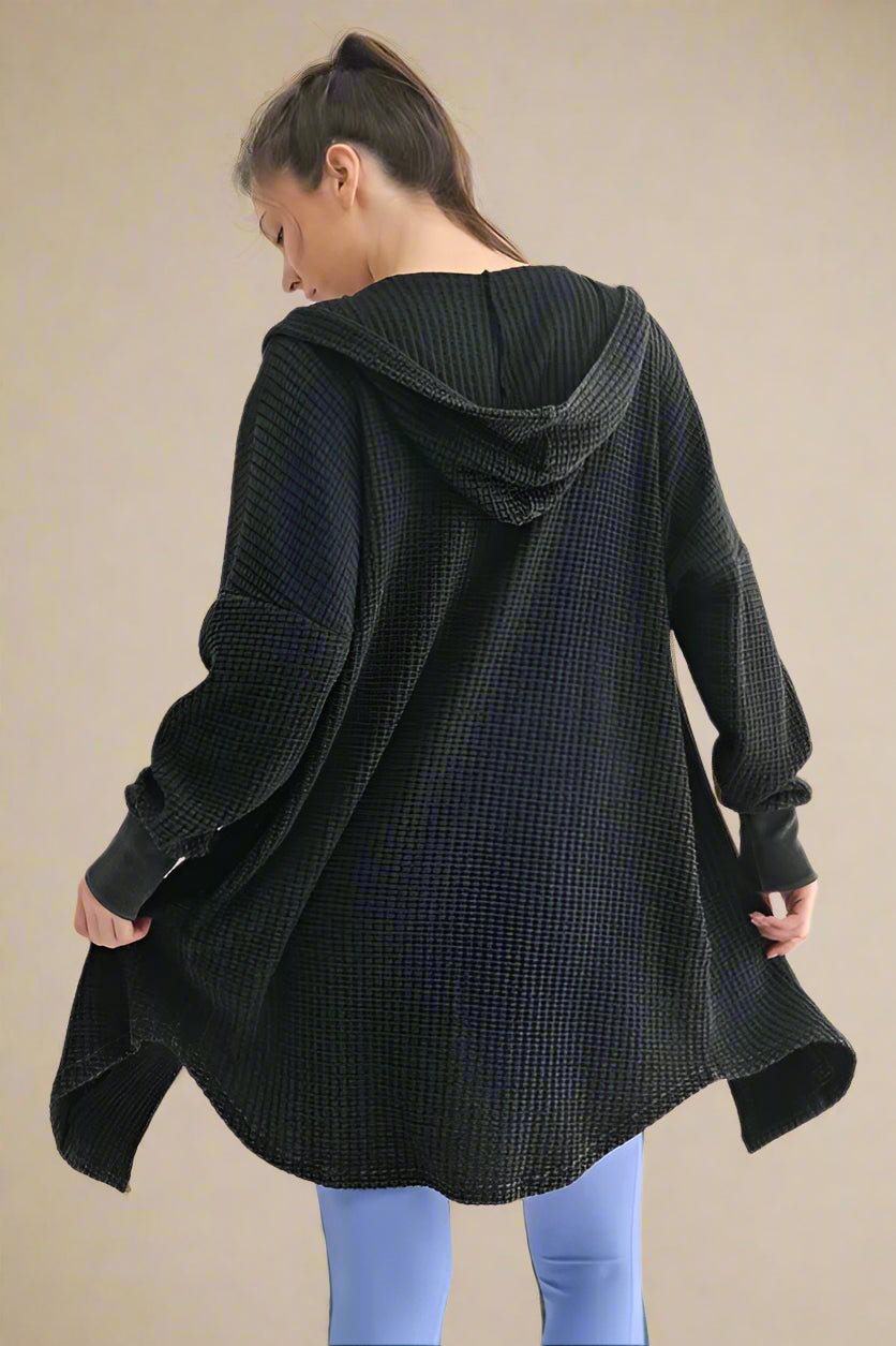 Mono B - Black Waffle Knit Hooded Open Cardigan