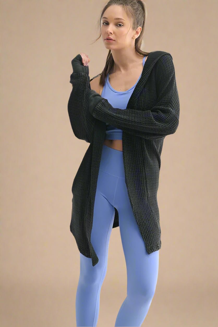 Mono B - Black Waffle Knit Hooded Open Cardigan