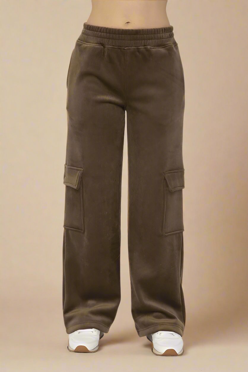 Mono B - Olive Brown Elastic Waist Corduroy Cargo Pants