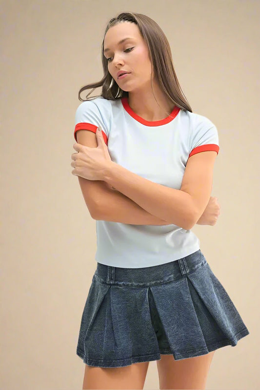 Mono B - Retro Ringer Tee – Sky Blue & Red