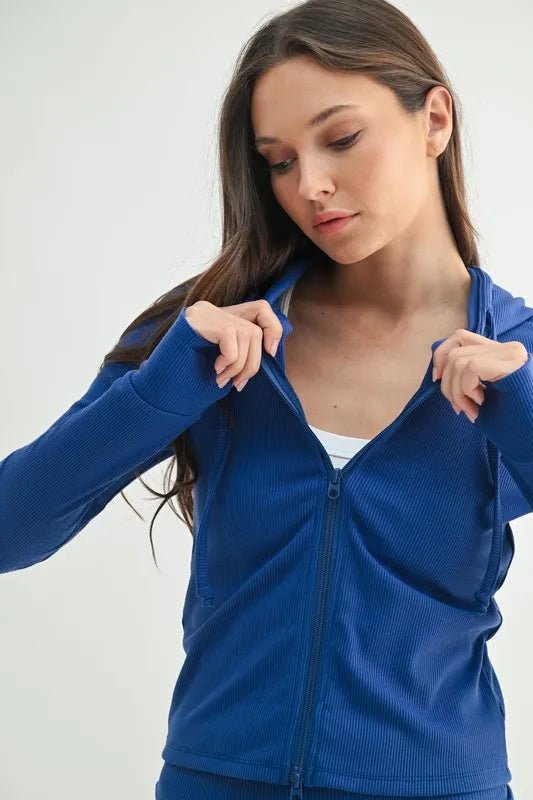 Mono B - Rib Knit Zip Hoodie – Cobalt Blue