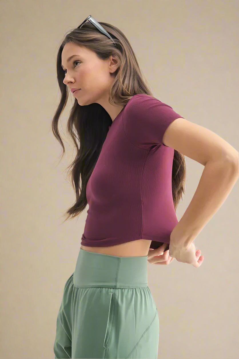 Mono B - Ribbed Short Sleeve Crop Tee – Berry Wine