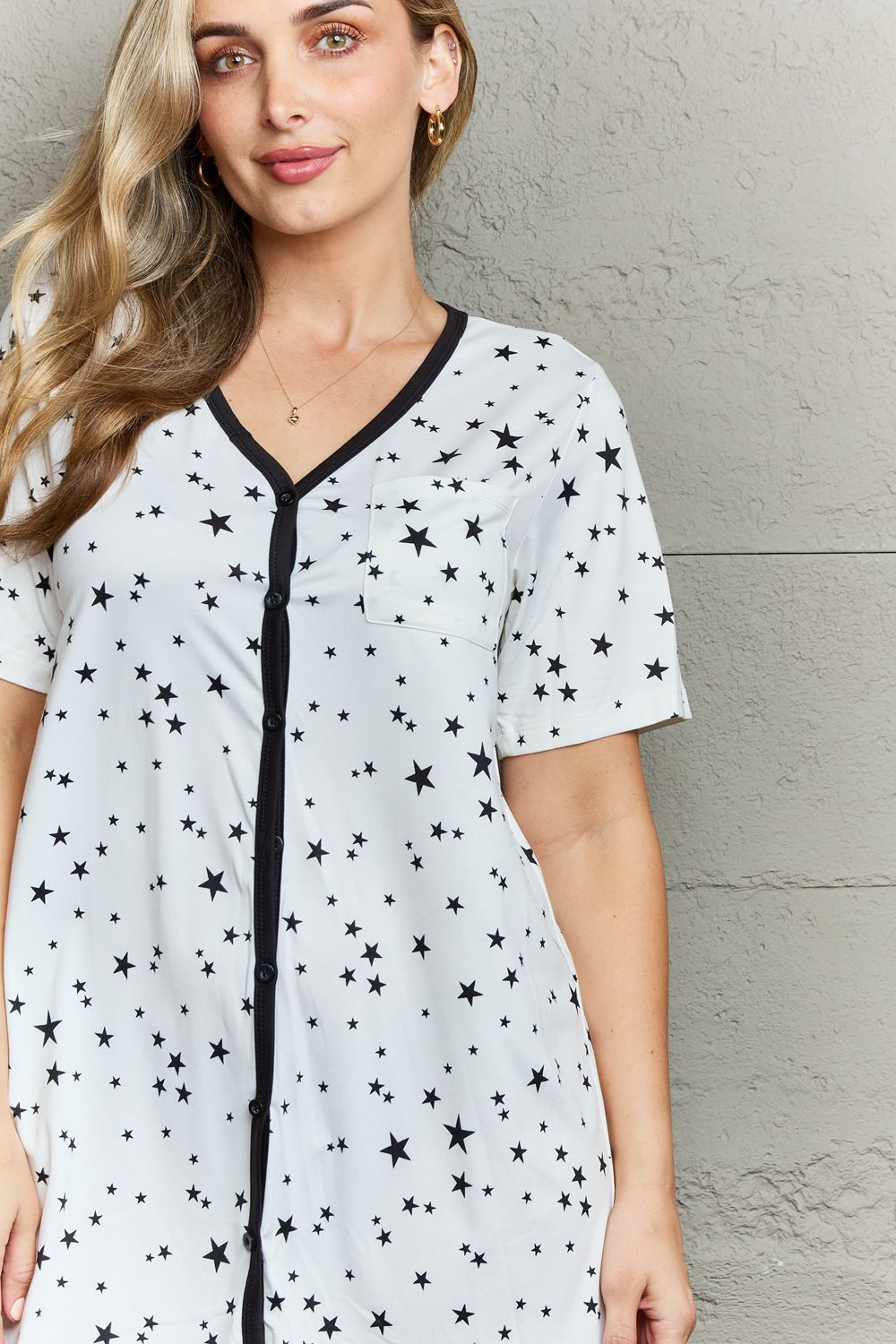 MOON NITE - Star Print Button Down Sleepwear Dress in White