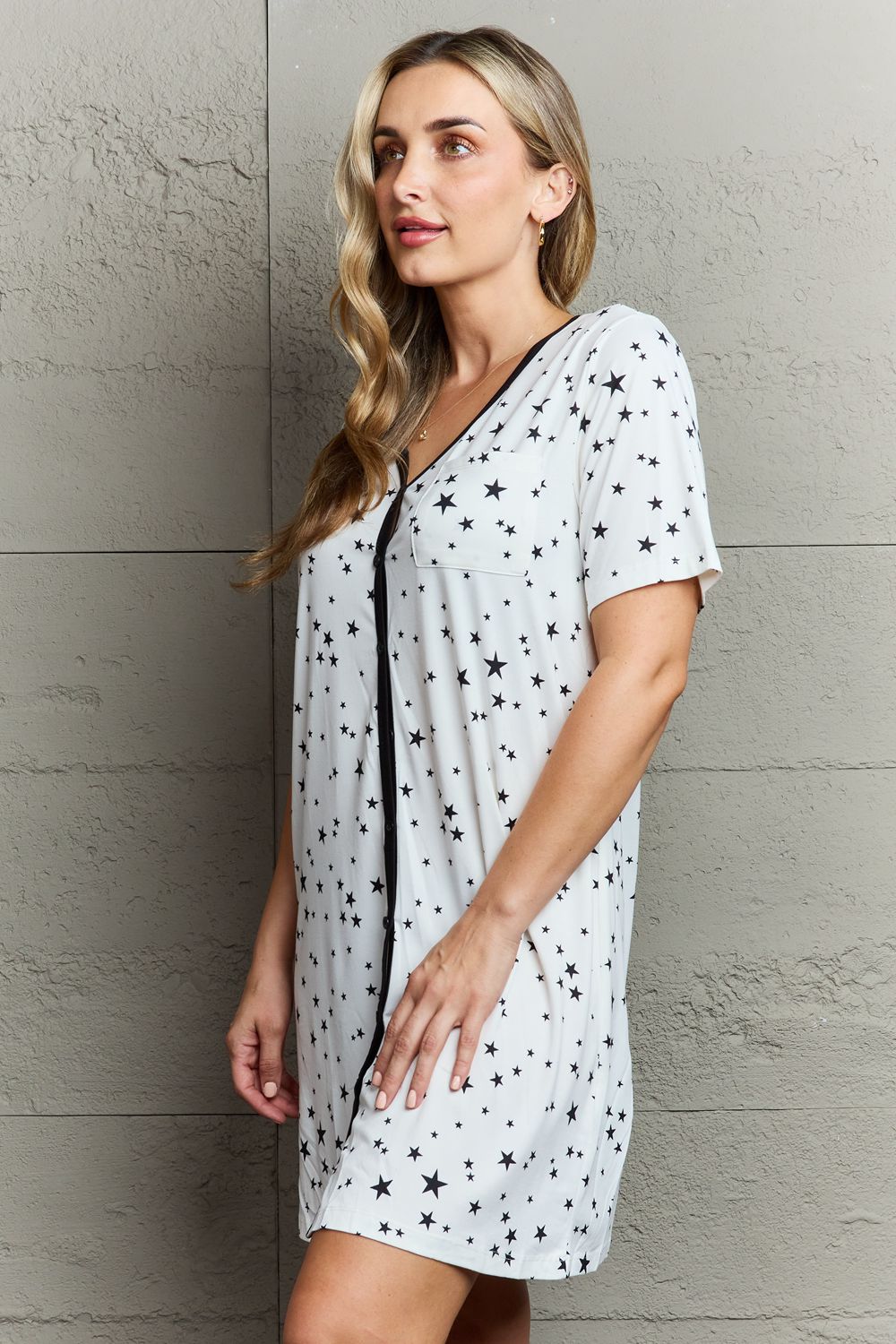 MOON NITE - Star Print Button Down Sleepwear Dress in White