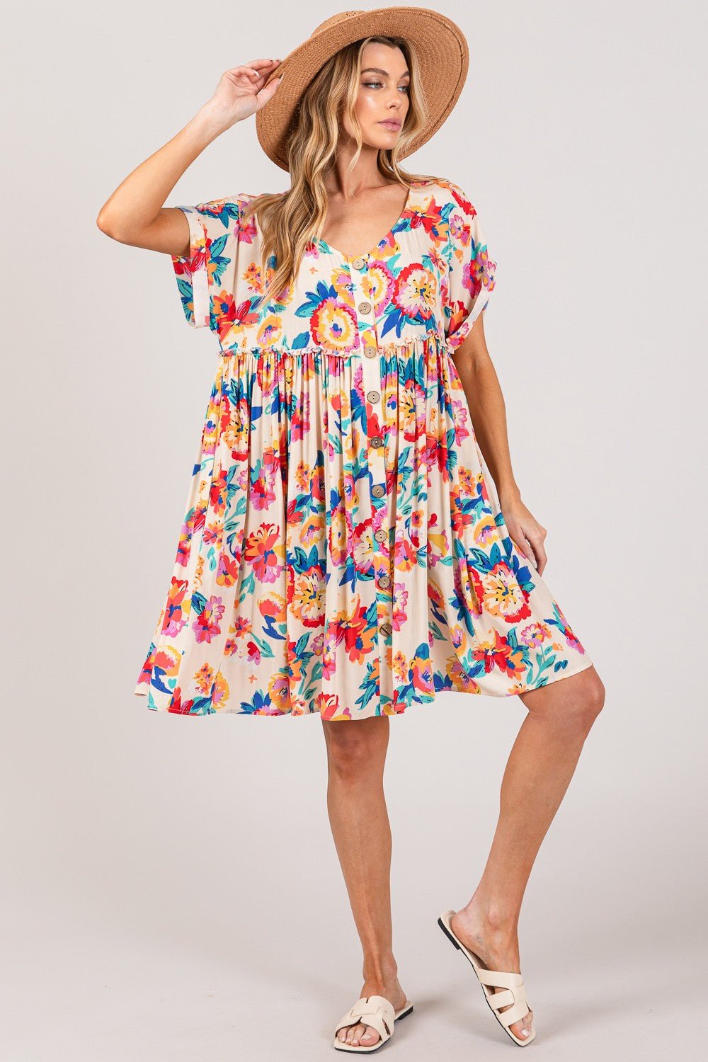 Multicolor Floral Print Button-Down Short Sleeve Mini DressMini DressSAGE+FIG