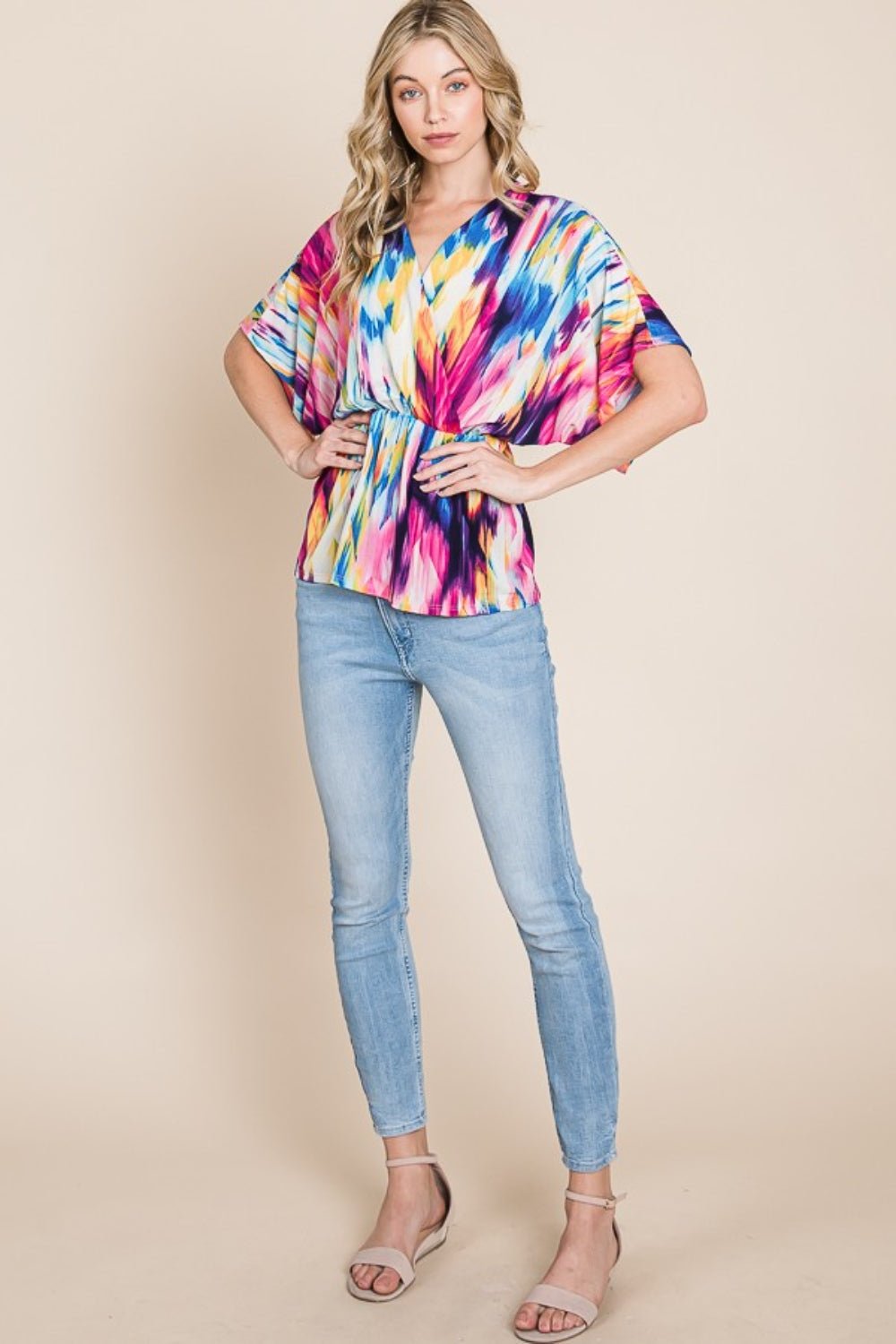 Multicolor Printed Surplice Peplum BlouseBlouseBOMBOM