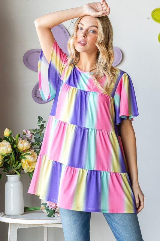 Multicolor Short Sleeve Striped Tiered TopTopHeimish