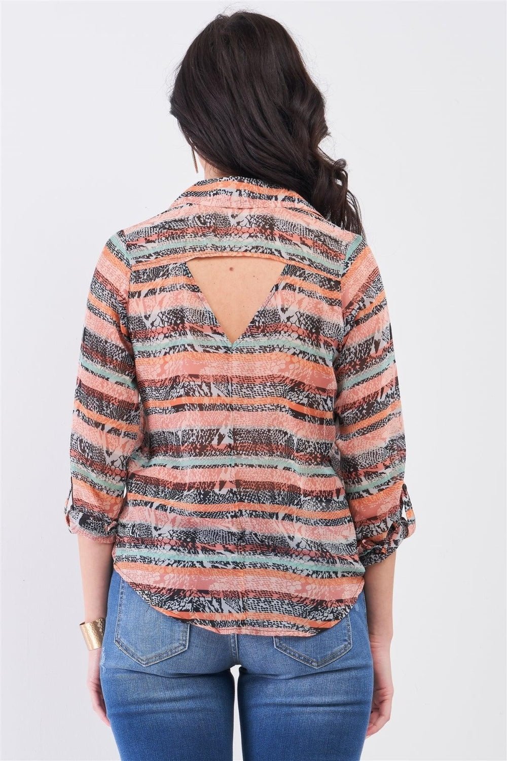 Multicolor Stripe Snake Print Blouse in CoralBlouseMono B