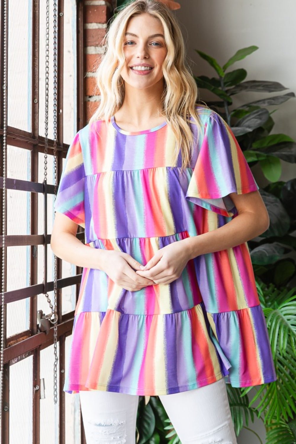 Multicolored Short Sleeve Striped Tiered TopTopHeimish