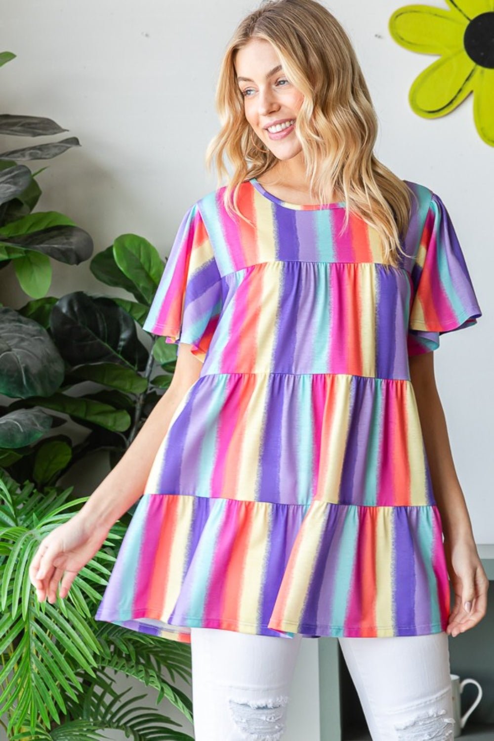 Multicolored Short Sleeve Striped Tiered TopTopHeimish