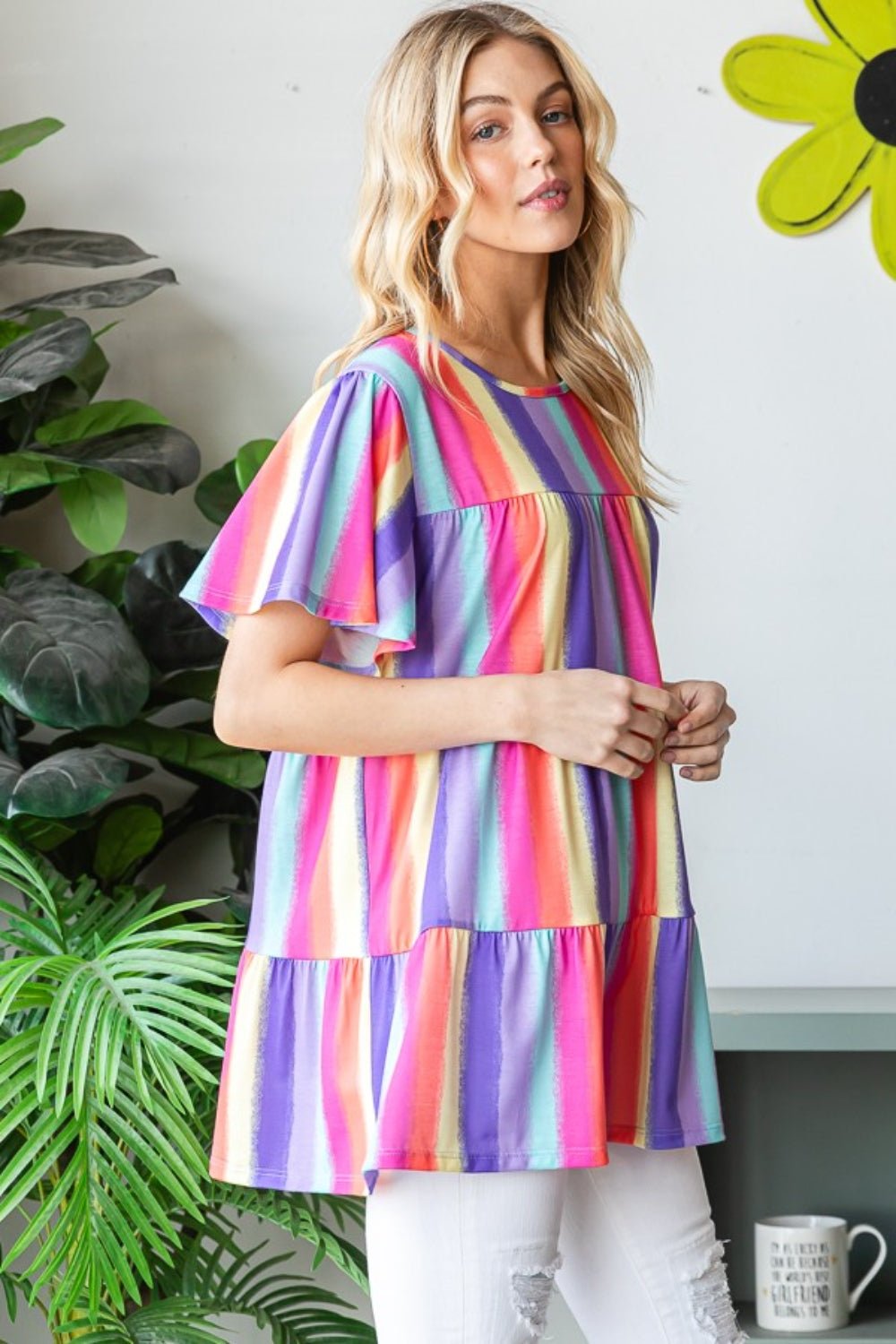 Multicolored Short Sleeve Striped Tiered TopTopHeimish