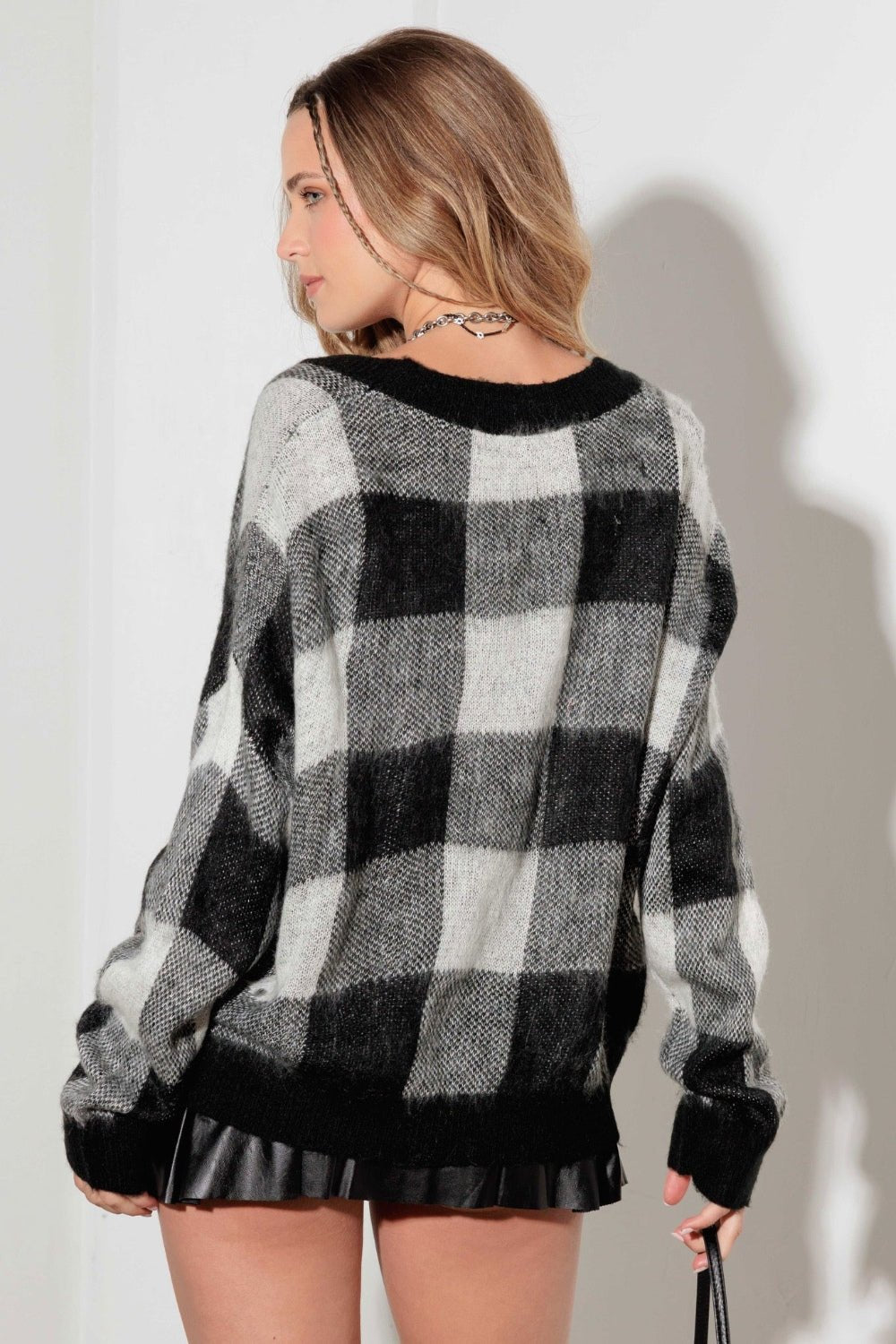 MUSTARD SEED - V - Neck Checkered Cardigan with Pockets in Black White