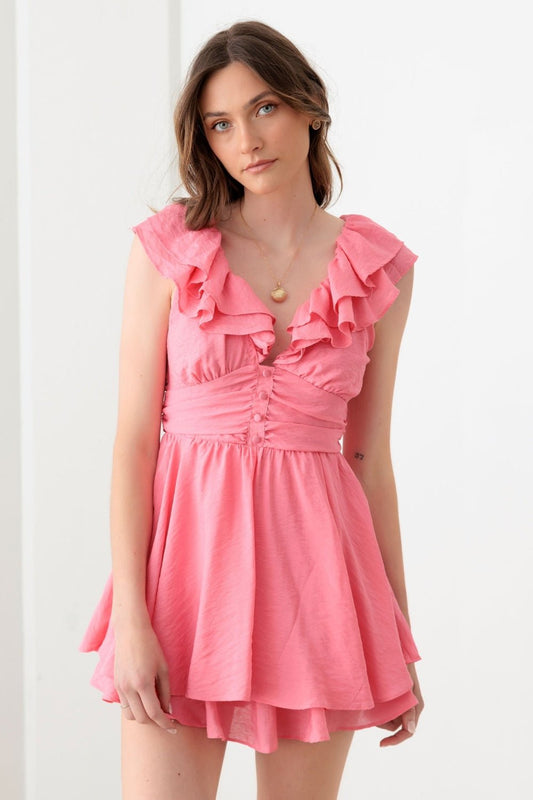 MUSTARD SEEDTie Back Front Button Ruffled Romper in Doll Pink