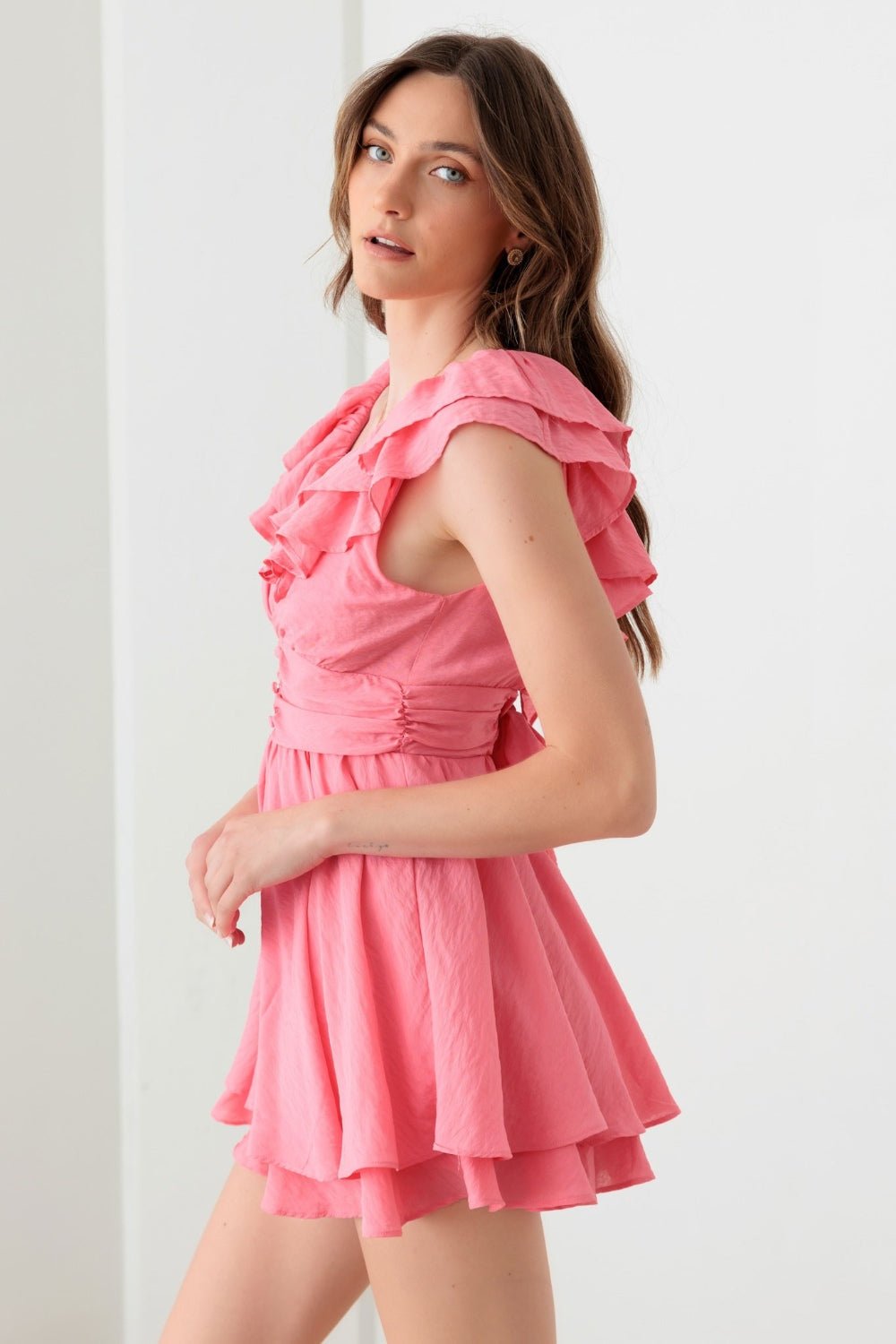 MUSTARD SEEDTie Back Front Button Ruffled Romper in Doll Pink