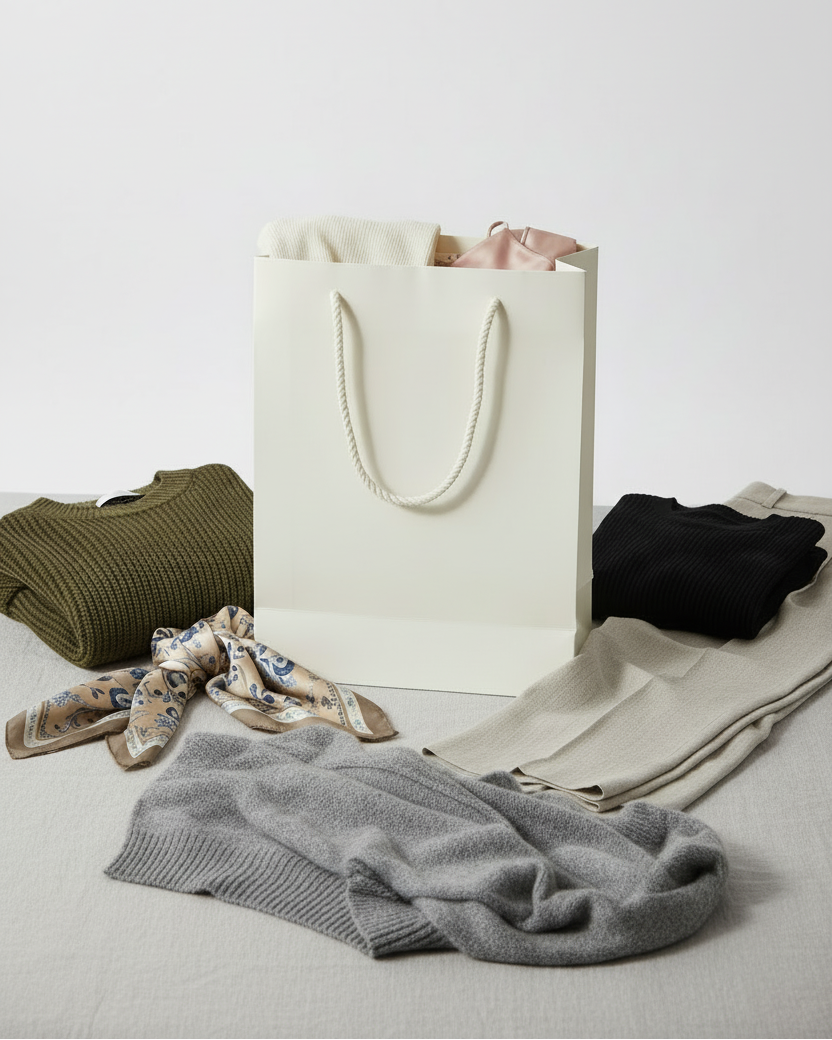 White tote bag with clothing items on a light gray surface