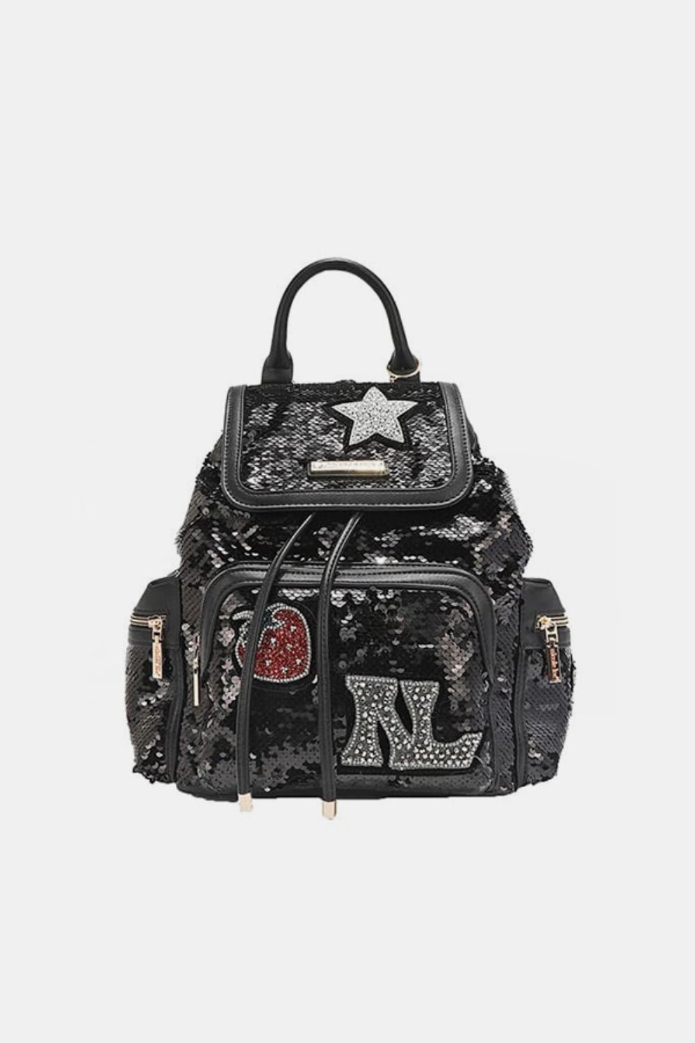 Nicole Lee USA - Black Vegan Leather Sequin Patch Backpack