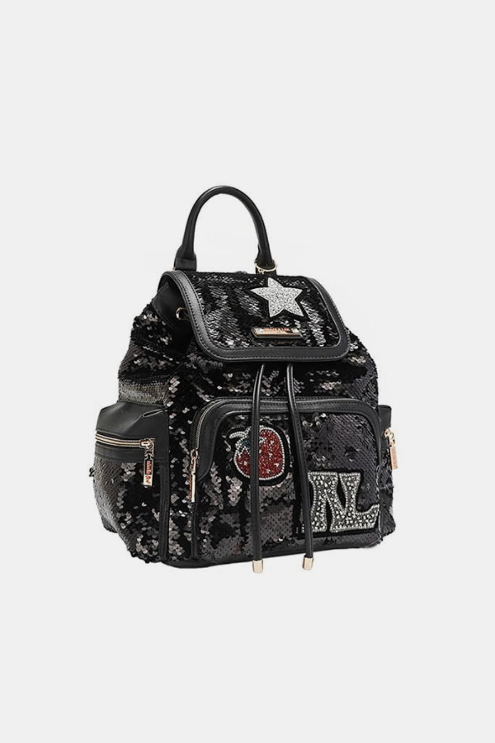 Nicole Lee USA - Black Vegan Leather Sequin Patch Backpack