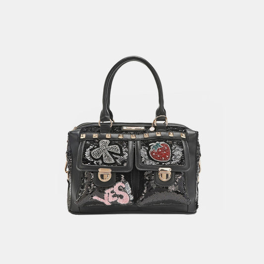 Nicole Lee USA - Black Vegan Leather Sequin Patch Boston Bag