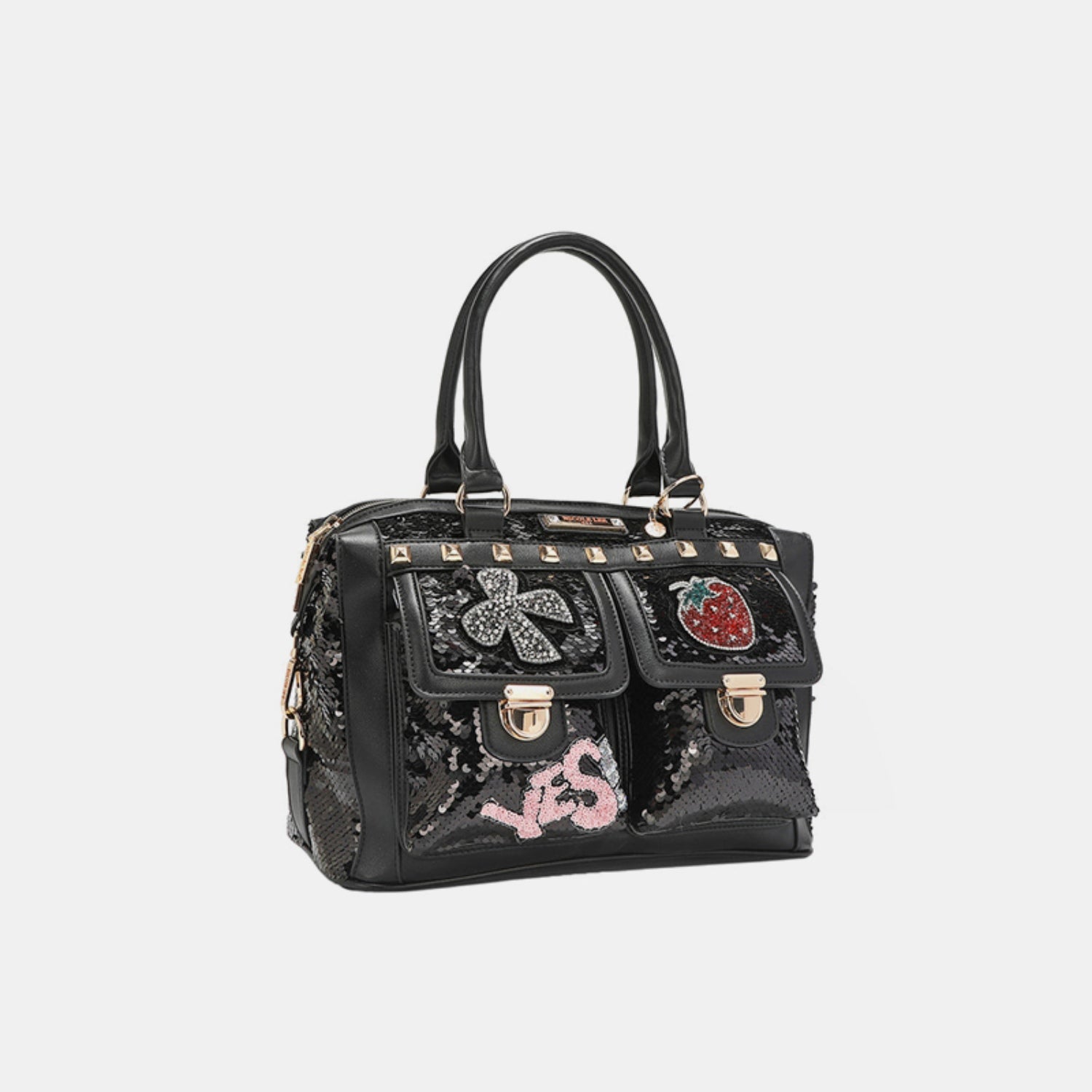 Nicole Lee USA - Black Vegan Leather Sequin Patch Boston Bag