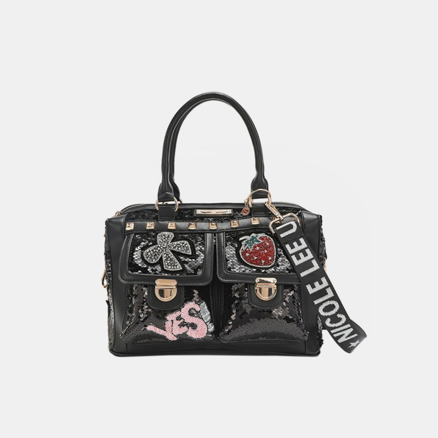 Nicole Lee USA - Black Vegan Leather Sequin Patch Boston Bag